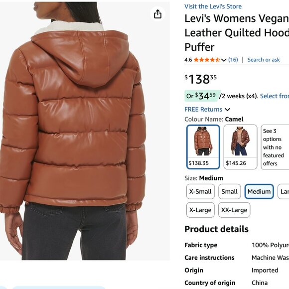 Levi's Womens Vegan Leather Quilted Hooded Puffer Size XL - used like new - Picture 2 of 3